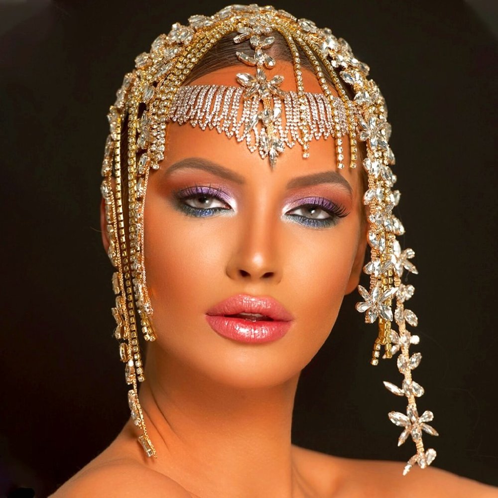 Crystal Tassel Head Chain Jewelry Women Rhinestone Flapper Cap Bridal Headpiece